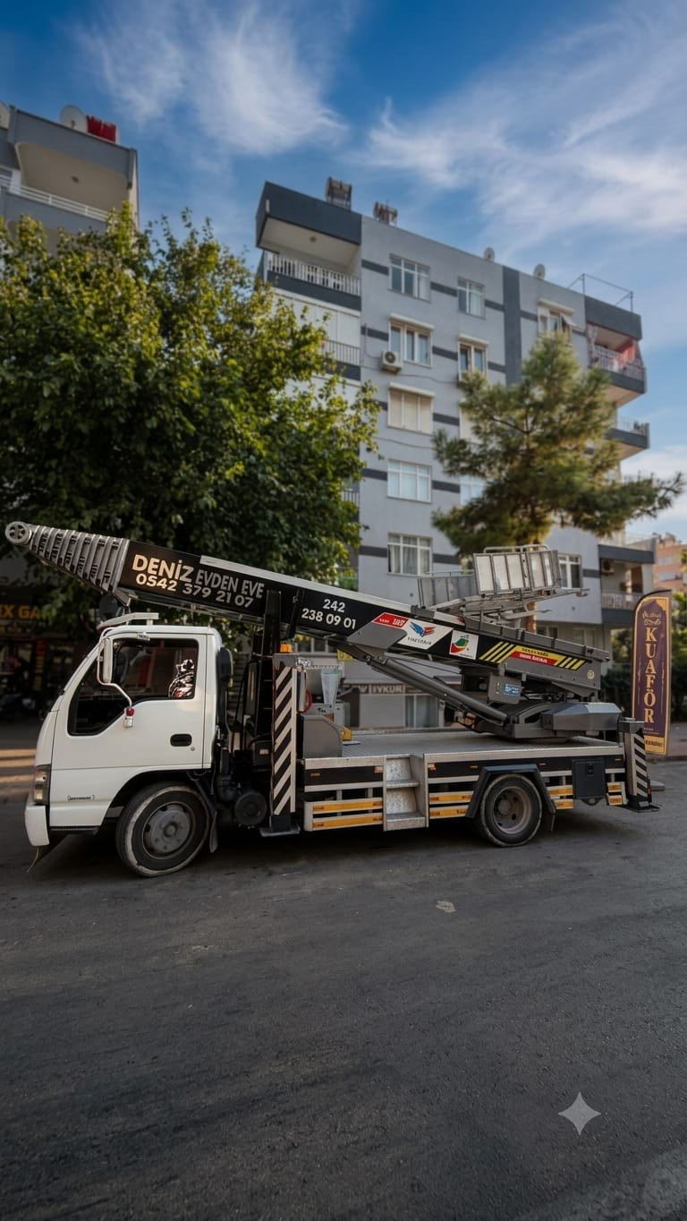Antalya evden eve asansörlü nakliyat aracı apartman önünde