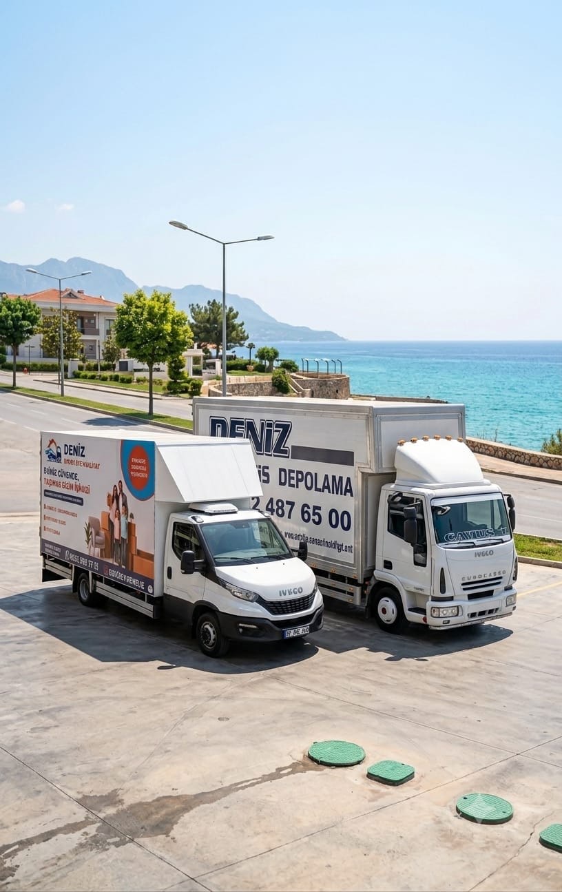 Antalya sahilinde Deniz evden eve nakliyat kamyonları